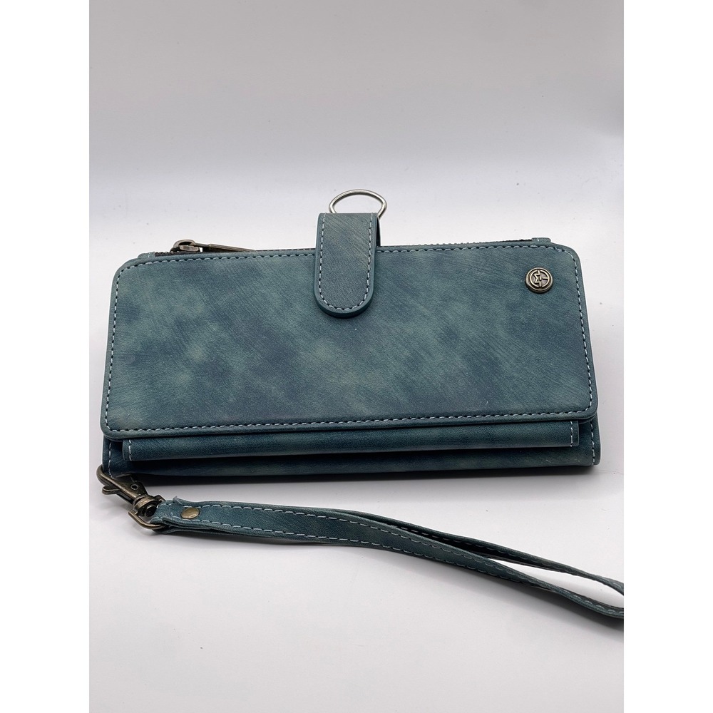 CaseMe Blue Vintage Leather Wallet Phone Case Zipper Card Holder Wristlet Strap